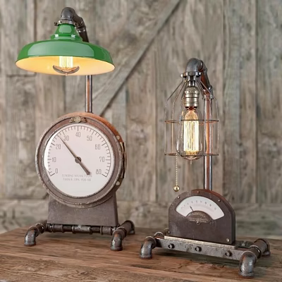 Vintage Industrial Table Lamps With Green Shade And Metal Cage Design On Wooden Background 3d model