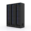 Black Server Rack With Multiple Server Units And Blue Indicator Lights