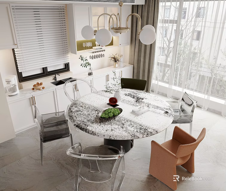 Modern Round Dining Table Set With Marble Top And Transparent Green Brown Chairs 3d model 