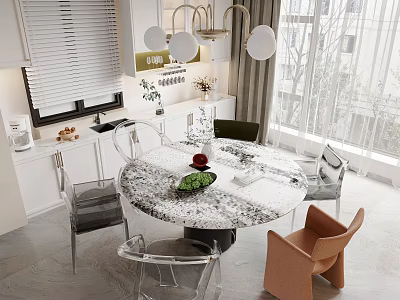 Modern Round Dining Table Set With Marble Top And Transparent Green Brown Chairs 3d model