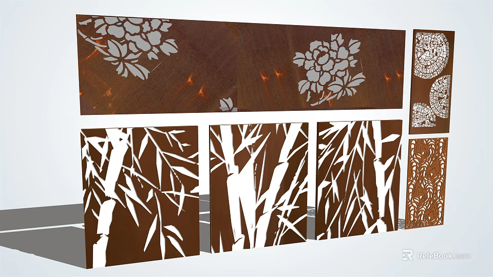 Rustic Brown Background Wall Design With White Floral And Bamboo Patterns 3d model