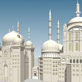 Traditional Islamic Mosque Architecture With White Domes And Tall Minarets Under Blue Sky
