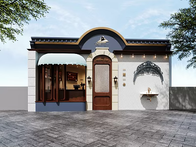 Traditional Shop Facade With Arched Entrance Wooden Door Blue Awning And Stone Walls 3d model