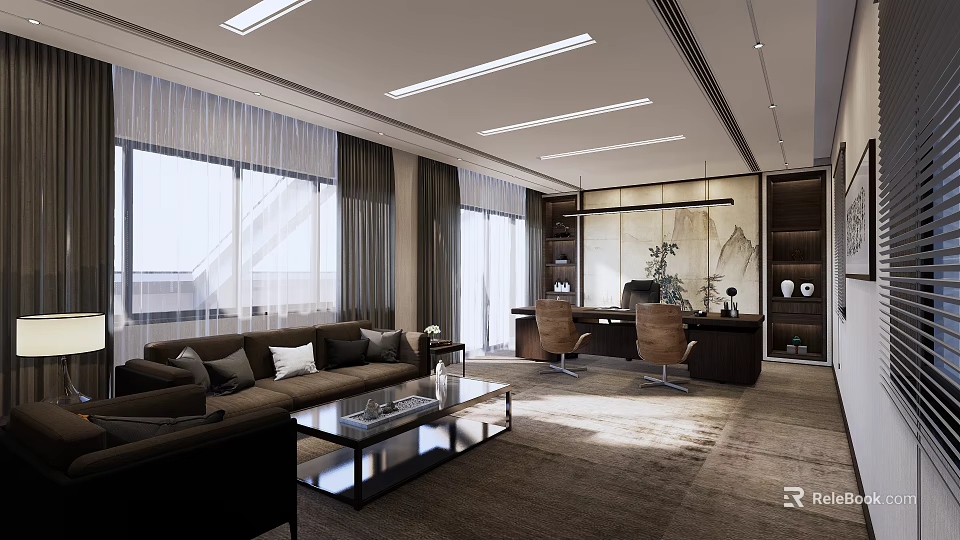 Modern Office Interior With Large Windows Sofa Desk Chairs And Decorative Painting 3d model 