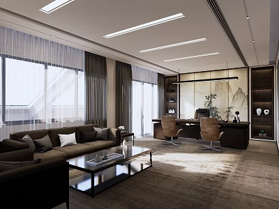 Modern Office Interior With Large Windows Sofa Desk Chairs And Decorative Painting 3d model