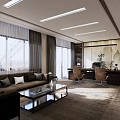 Modern Office Interior With Large Windows Sofa Desk Chairs And Decorative Painting