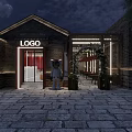 Traditional Brick Restaurant Exterior With Neon LOGO Sign Entrance Doll Green Plants And Stone Pavement