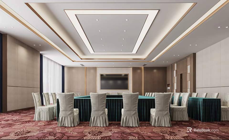 Modern Conference Room Interior With Long Green Table Patterned Carpet And TV Screen 3d model