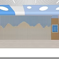 Kid Friendly Elevator Corridor With Blue Beige Walls Cloud Decorations And Round Ceiling Lights 3d model