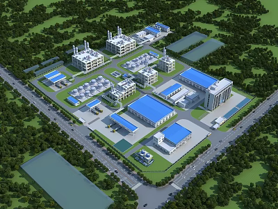 Aerial View Of Modern Industrial Plant With Multiple Blue Roofs And Green Surroundings 3d model