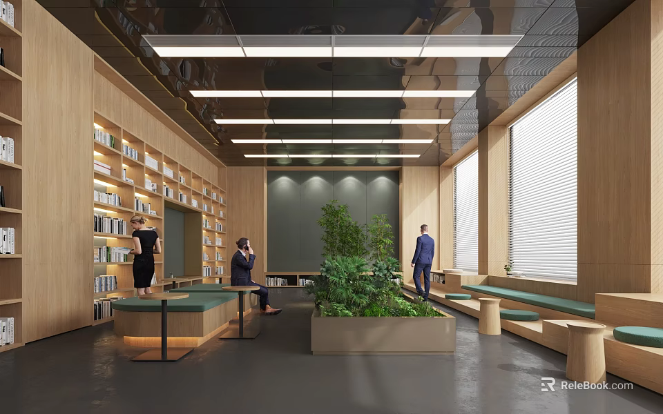 Library Interior Design For Book Arts With Wooden Bookshelves Greenery And Seating 3d model 