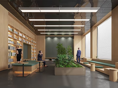 Library Interior Design For Book Arts With Wooden Bookshelves Greenery And Seating 3d model
