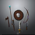Fantasy Medieval Weapons Display Featuring Shield Axe Sword Bow Staff And Dagger 3d model