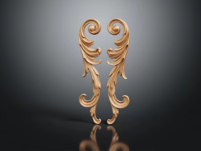 Golden Symmetrical Sculpture Carving with Curved Leaf Decorative Patterns on Dark Background with Reflection 3d model