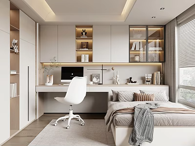 Modern Tatami Bedroom With Desk Chair Built in Bookshelves Cabinets And Natural Light 3d model
