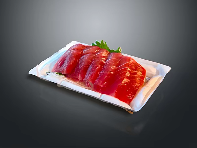 Fresh Tuna Sashimi Slices Neatly Arranged On White Plate With Green Garnish 3d model