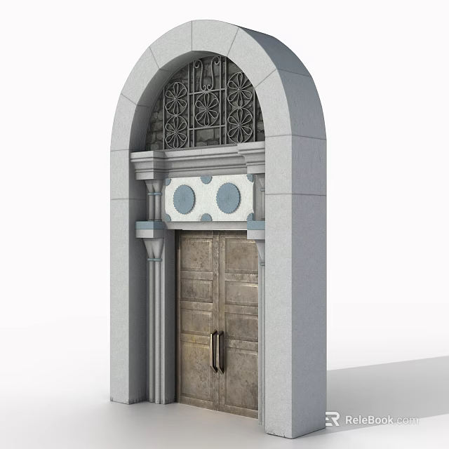 Ornate Arched Entrance Gate With Wooden Door Gray Frame And Metal Decoration 3d model 