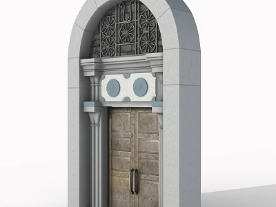 Ornate Arched Entrance Gate With Wooden Door Gray Frame And Metal Decoration 3d model
