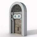 Ornate Arched Entrance Gate With Wooden Door Gray Frame And Metal Decoration