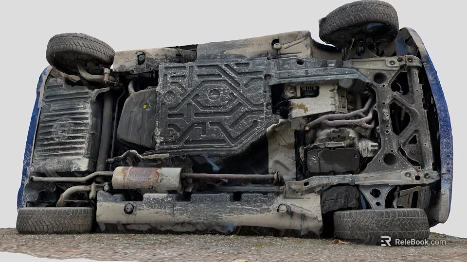 View Of Overturned Car Exposed Underbody With Damaged Mechanical Structure 3d model 