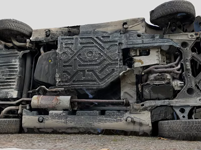 View Of Overturned Car Exposed Underbody With Damaged Mechanical Structure 3d model