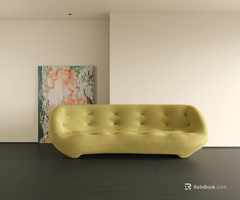Modern Yellow Tufted Double Sofa With Abstract Painting White Wall And Dark Floor 3d model 