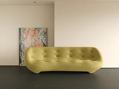 Modern Yellow Tufted Double Sofa With Abstract Painting White Wall And Dark Floor 3d model