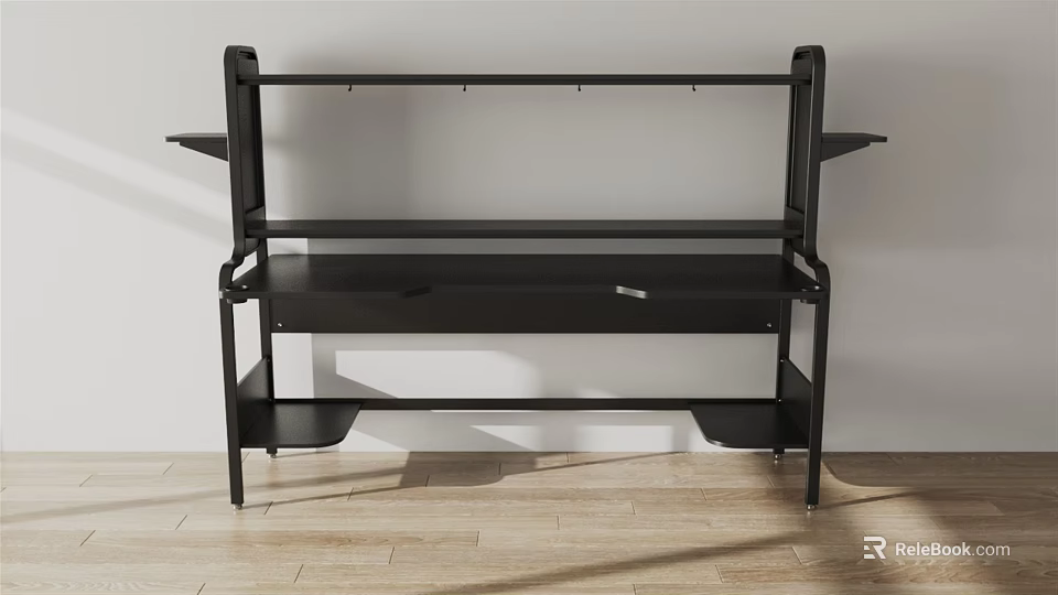Sleek Modern Black Entertainment Table With Multiple Shelves And Metal Frame Design 3d model 