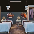 Massage Beds with White Sheets Red Trim Purple Robes and Green Plants in Modern Spa Room