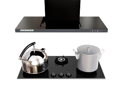 SYSMEX Black Range Hood and Gas Stove with Silver Kettle and Pot in Modern Kitchen 3d model