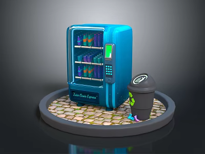 Modern Blue Automatic Vending Machine with Trash Bin on Circular Cobblestone Platform 3d model