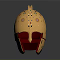 Ancient Golden Helmet With Ornate Gemstone Decorations And Red Accents