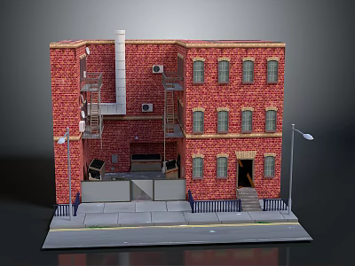 Red Brick Multi Story Building Model With Windows Chimney Fire Escape And Street Lamps 3d model