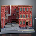 Red Brick Multi Story Building Model With Windows Chimney Fire Escape And Street Lamps