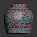 Pink Carved Ceramic Sculpture Vessel With Intricate Lotus Patterns And Green Decorations