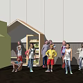 Group of Children Playing in Indoor Play Area with Small House and Shelves