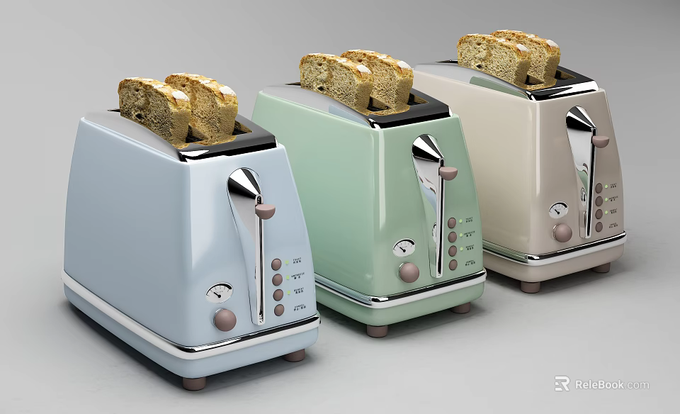 Three Different Colored Toasters As Modern Kitchen Appliances With Toasted Bread Slices 3d model 