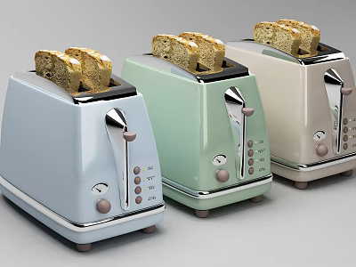 Three Different Colored Toasters As Modern Kitchen Appliances With Toasted Bread Slices 3d model