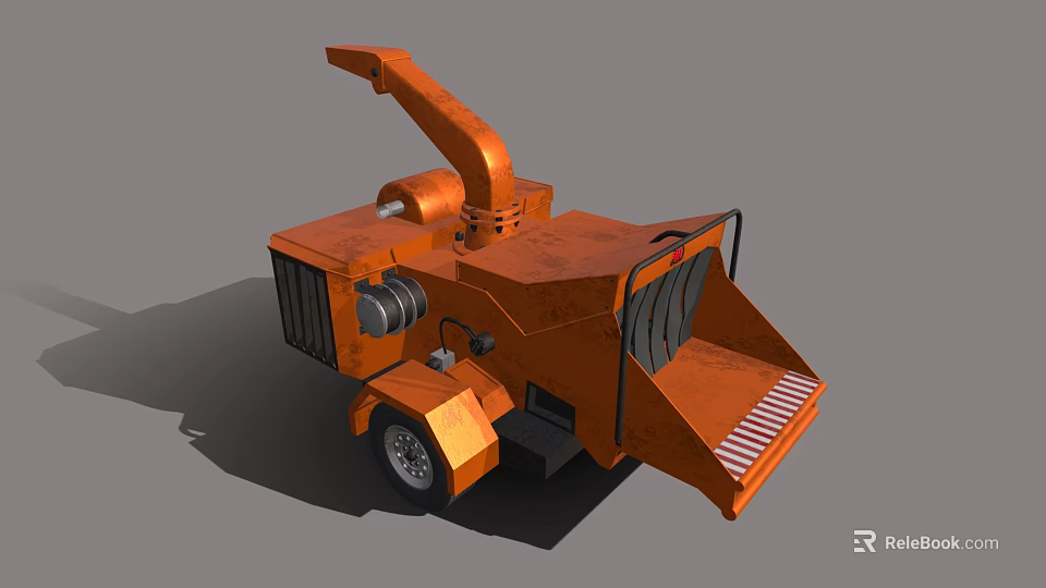 Orange Industrial Wood Chipper Equipment With Wheels Discharge Chute And Mechanical Parts 3d model 