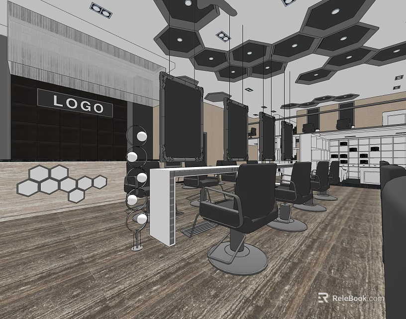 Modern Hair Salon Interior With Hexagonal Ceiling Black Chairs Mirrors And Workstations 3d model 