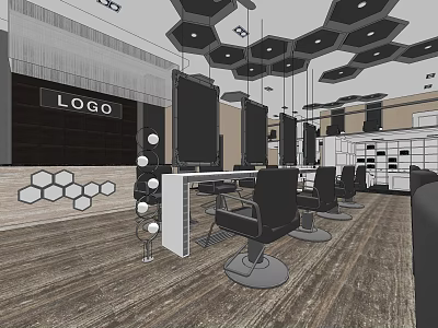 Modern Hair Salon Interior With Hexagonal Ceiling Black Chairs Mirrors And Workstations 3d model
