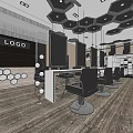 Modern Hair Salon Interior With Hexagonal Ceiling Black Chairs Mirrors And Workstations