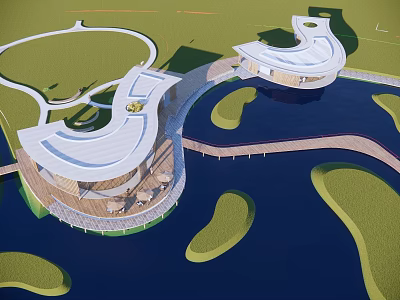 Modern Landscape Pavilions By Waterfront With Wooden Platforms Green Areas And Curved Pathways 3d model
