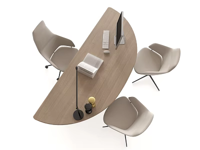 Half Round Wooden Office Desk With Monitor Keyboard Desk Lamp Books And Light Colored Chairs 3d model