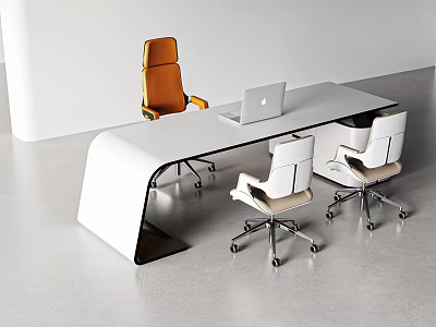 Modern Office Desk Featuring Laptop And Three Orange Beige Chairs White Wall Gray Floor 3d model