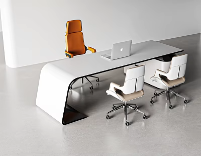 Modern Office Desk Featuring Laptop And Three Orange Beige Chairs White Wall Gray Floor 3d model