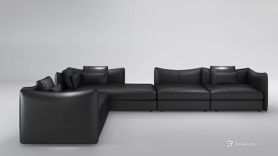 Modern Black Leather Sectional Sofa With Plush Cushions And Multiple Seats 3d model