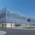 Modern Office Building With Glass Curtain Walls Symmetric Design And Front Lawn