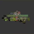 Miniature Rustic Scene With Green Truck Small Cabin Guitar And Red Bucket On Grass