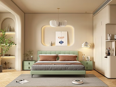 Modern Minimalist Bedroom Interior With Green Headboard Bed Nightstands Chandelier Artwork And Rug 3d model
